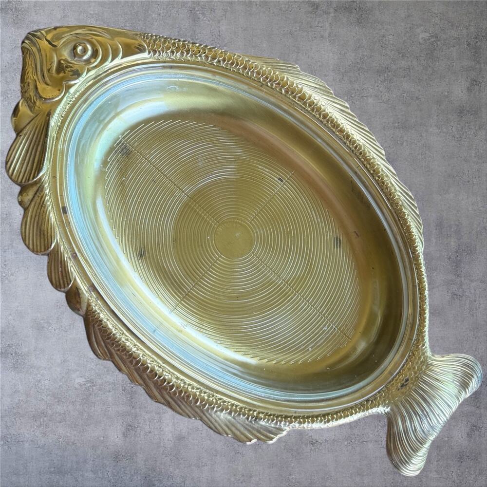 Vtg Brass Fish Serving Casserole Dish Tray Holder USA Ovenware Glass Insert 80s